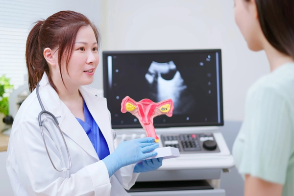 Doctor explaining a uterus model 